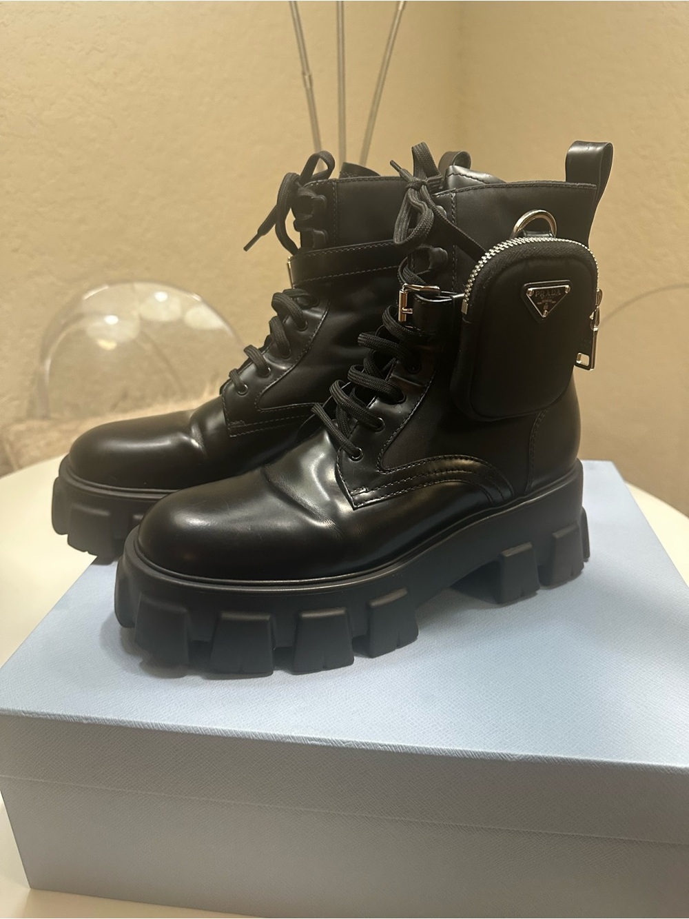 Prada Lug-Sole Combat Boots with Pouch